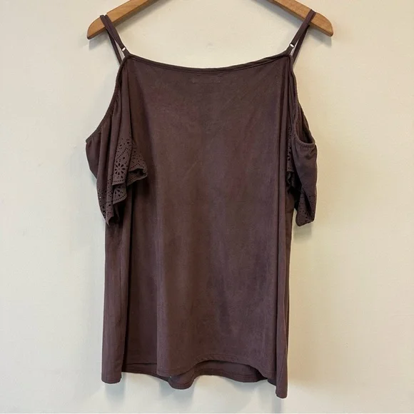 Maurices Chocolate Brown Cold Shoulder Blouse with Cutout Lace Sleeves - Picture 7 of 8